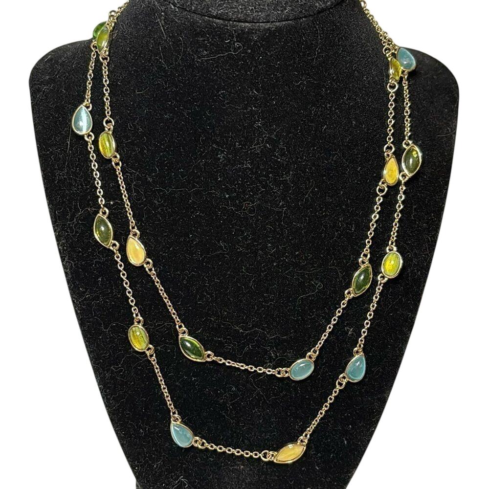 Layered Gold Tone Necklace Green Aqua Yellow Glass Cabochon Station Necklace 16”